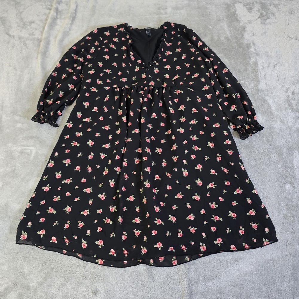 Forever 21 Babydoll Dress Womens Small Rose All Over Print Puff Sleeve Mini